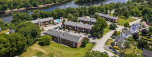 Churchill Court aerial view on the banks of the river