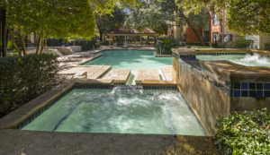 Pool area under oak trees