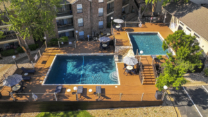 Aerial view of the pool area.